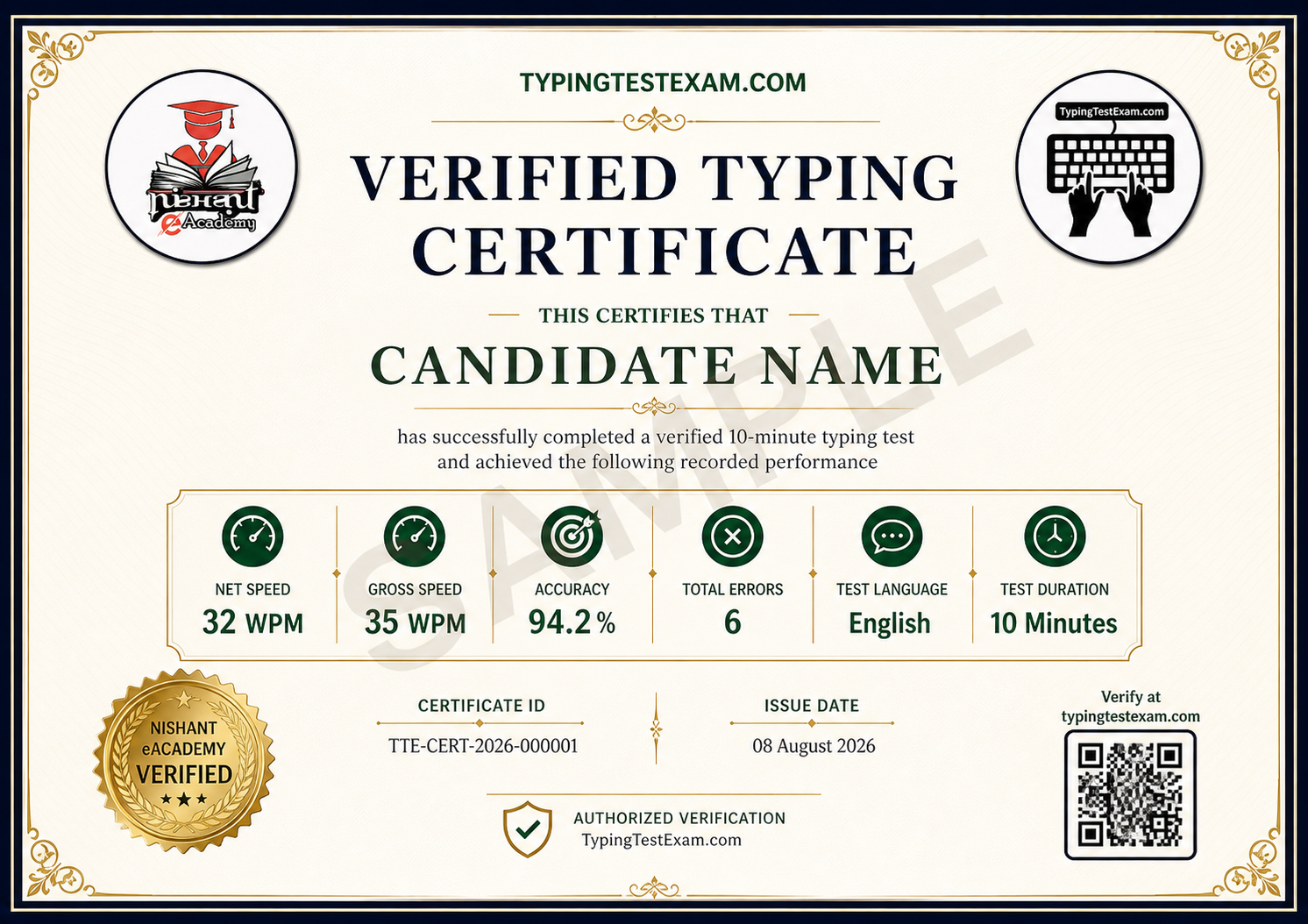 Sample verified typing certificate with result and QR verification